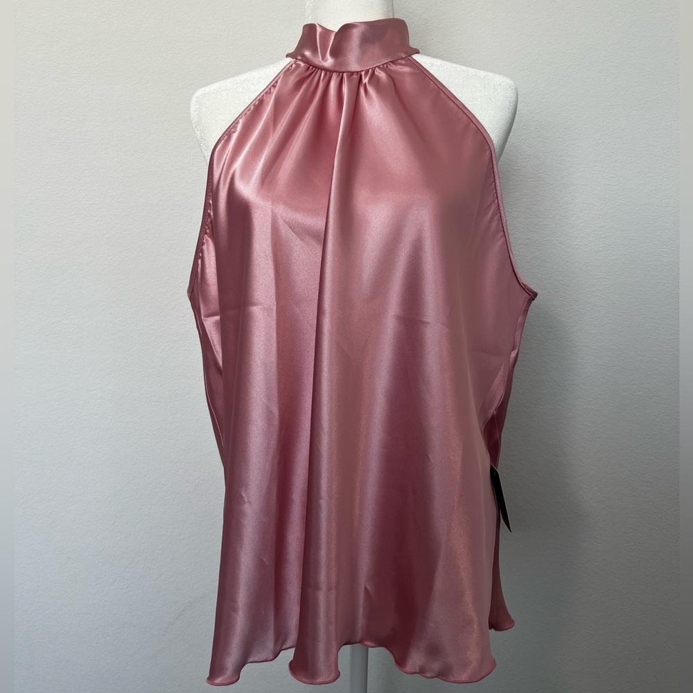 Satin Tie Halter Neck Tank Pink Top.